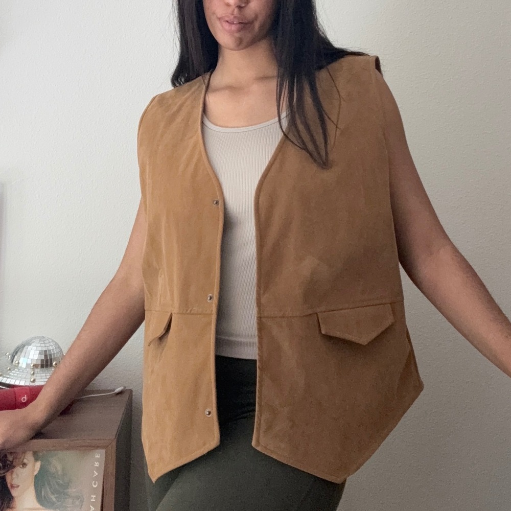 Gilli Tan Faux Suede Snap Front Utility‎ Vest MJ10241 Womens Medium